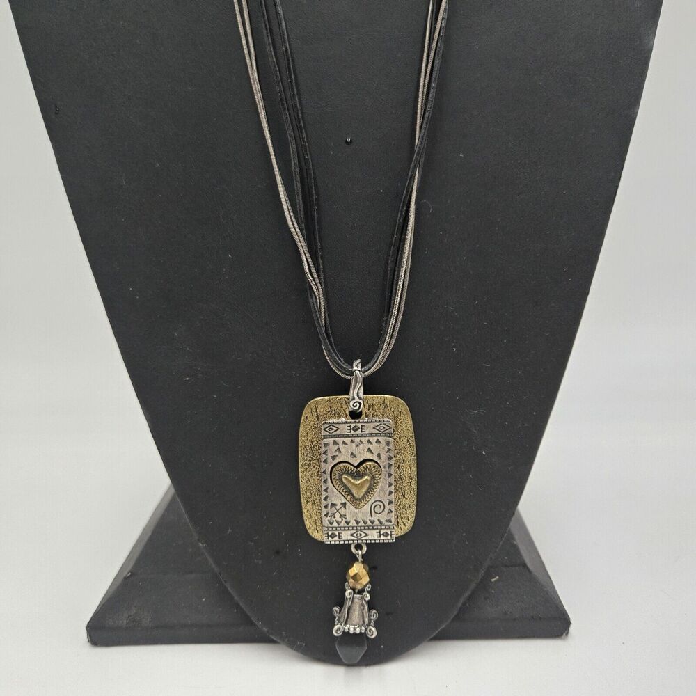 Vintage CHICO'S 2 tones Square Heart Pendant on 30" Leather Ropes